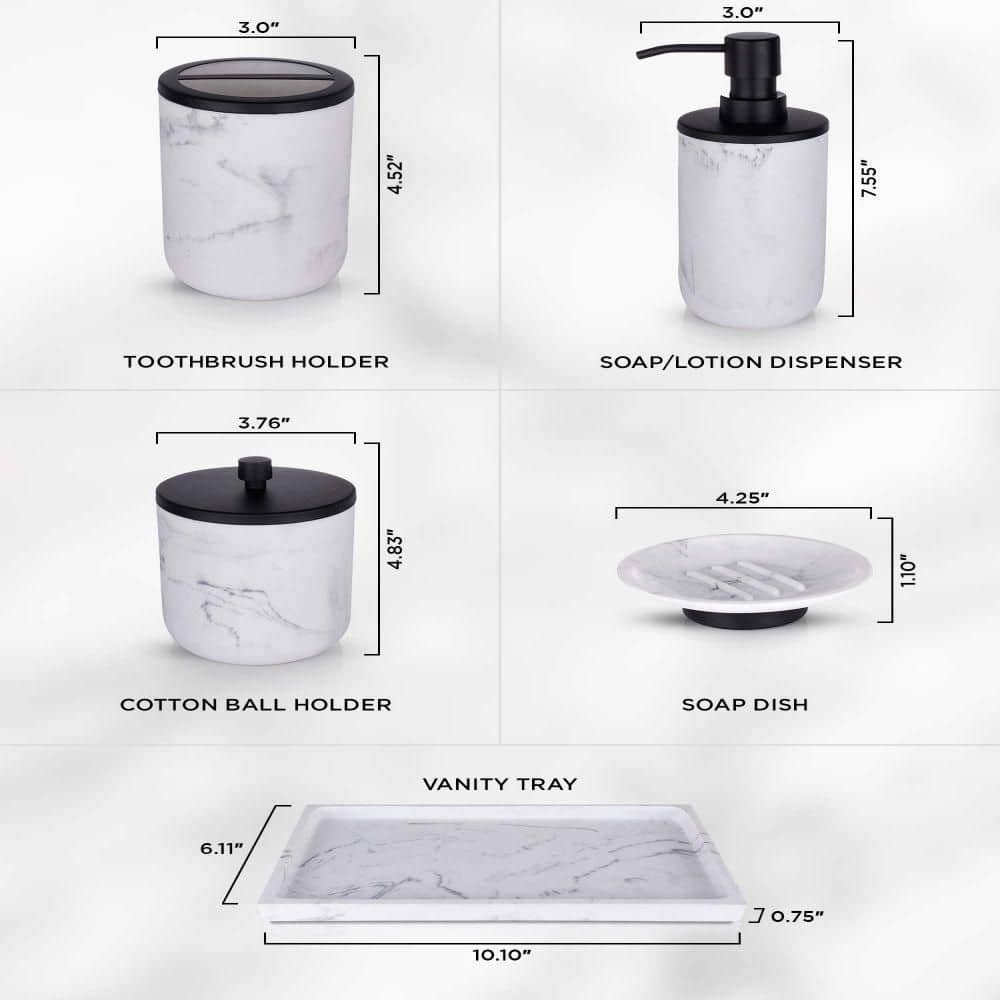 Marble and Black Resin 5-Piece Bathroom Accessory Set