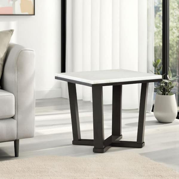 Benjara Fana 24 in. White and Espresso Brown Square Marble End Table