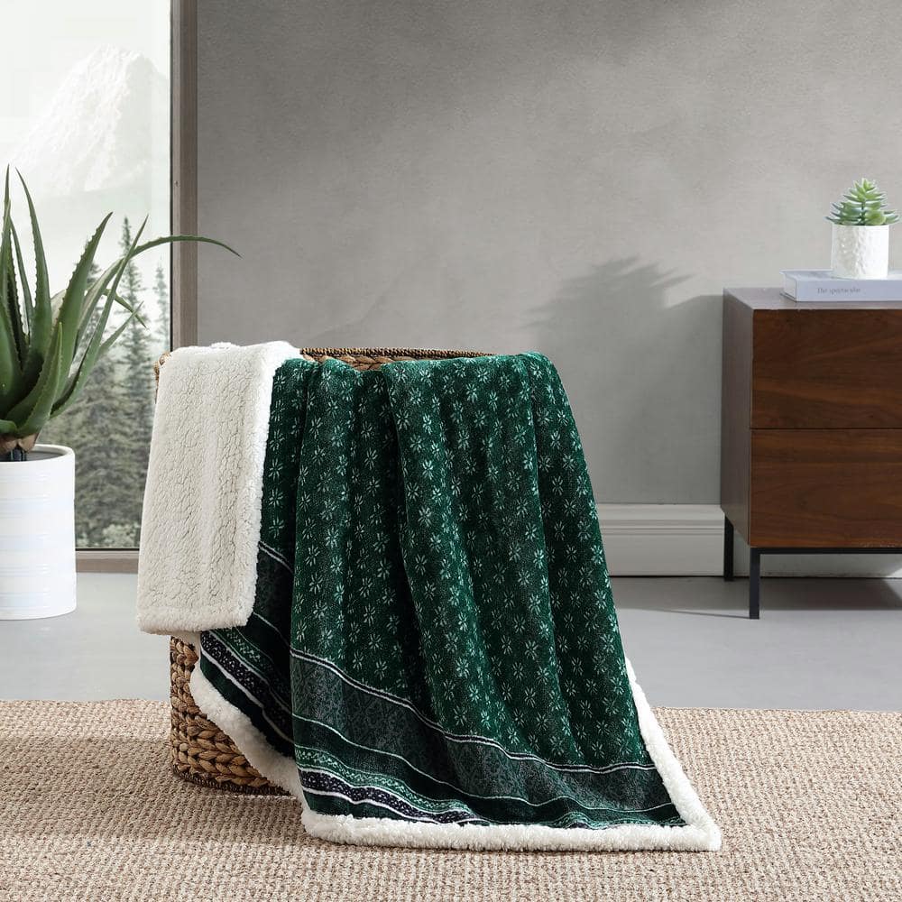 Fair Isle Green Sherpa Reversible Plush Throw Blanket