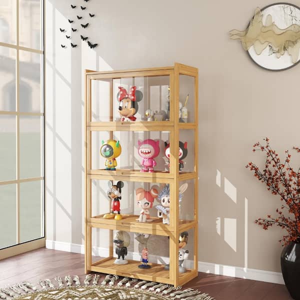 Beige 51.1 in. Acrylic Display Cabinet, Storage Cabinet with Bamboo Frame and Lift-Up Door for Living Room, Playroom