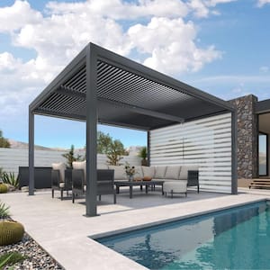 11 ft. x 14 ft. Gray Aluminum Frame Louvered Pergola with Individual Adjustable Roofs and 1-Short Side Roller Shades