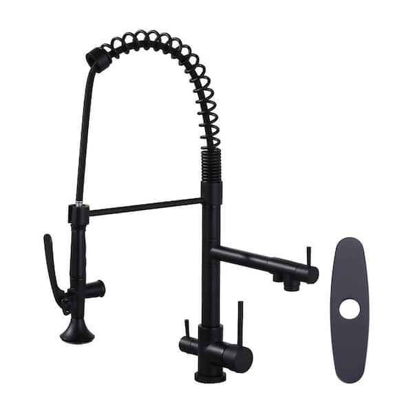 AVITAS Double Handle 3 in 1 Solid Brass Pull Down Sprayer Kitchen Faucet with Drinking Water and Deckplate in Matte Black