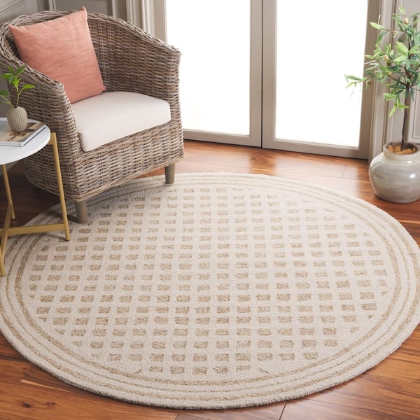 Ebony 4 ft. x 4 ft. Ivory/Beige Tiled Border Round Area Rug