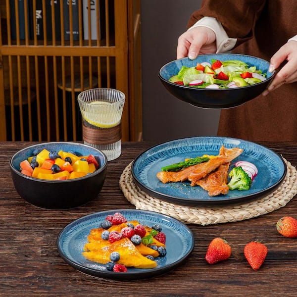 vancasso 16-Piece Blue and Black Stoneware Dinnerware Set Service for 4 with Dinner Plate Dessert Plate Pasta Bowl Cereal Bowl VC-PLA-B-16-EU