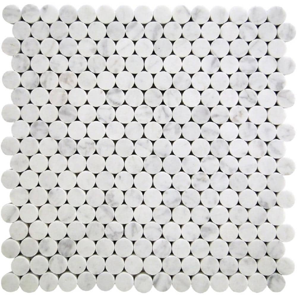 Athens White 11.3 in. x 12.3 in. Polished Penny Round Bianco Carrara Marble Mosaic Tile (4.83 sq. ft./case) 5-Pack price history on PriceWatchPro