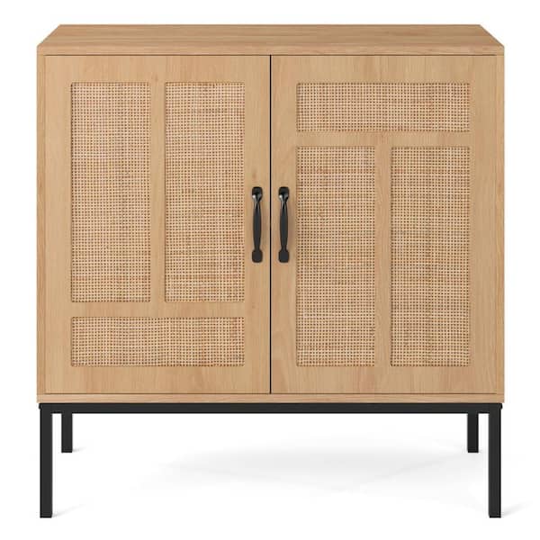 Boho Storage Cabinet with Natural Rattan Doors Asymmetric T-Pattern 250 lb. Capacity