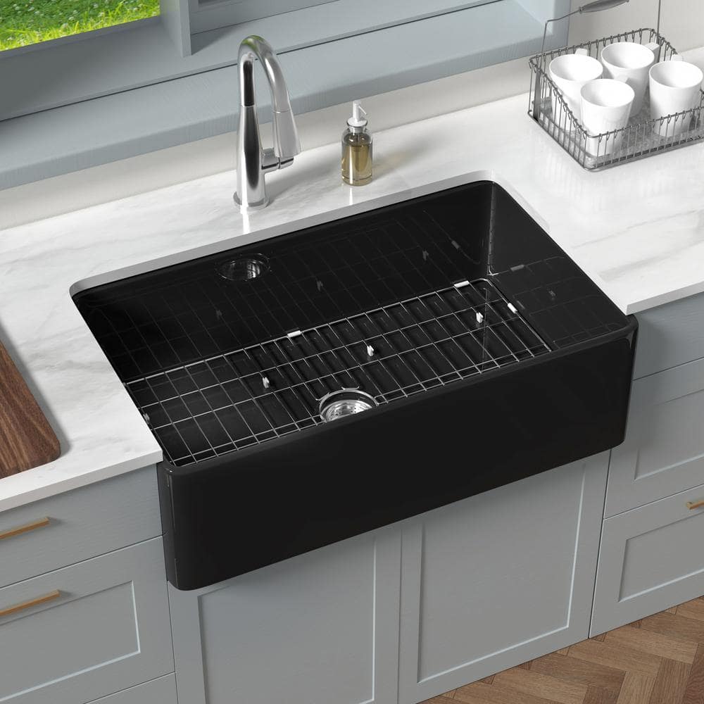 HOMLYLINK 33 in. Farmhouse Sink Single Bowl Crisp Black Fireclay ...