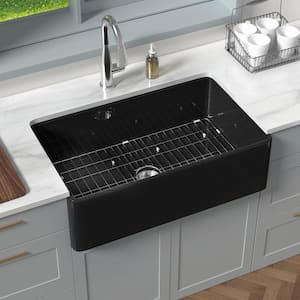 33 in. Farmhouse Sink Single Bowl Crisp Black Fireclay Kitchen Sink Apron Farmhouse Kitchen Sink with Strainer and Grid