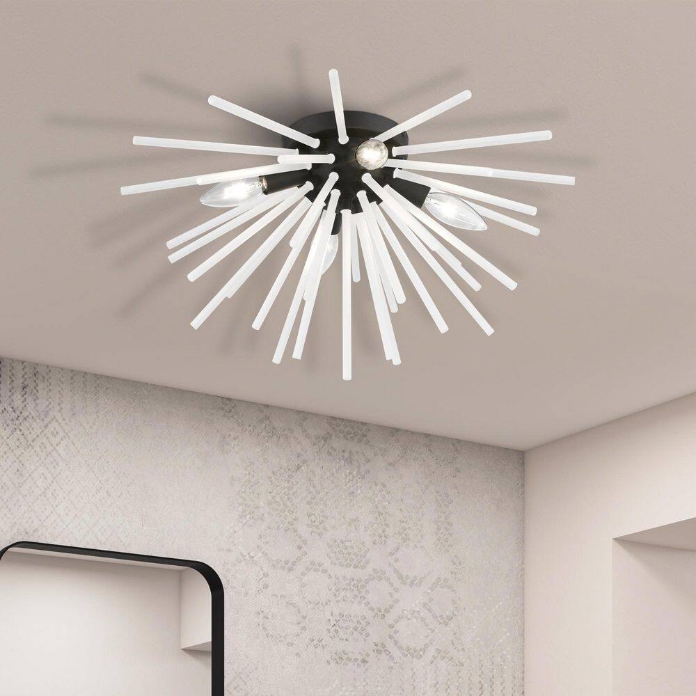 Uptown Elegance 4-Light Black Brass Flush Mount with Acid Etched Rods