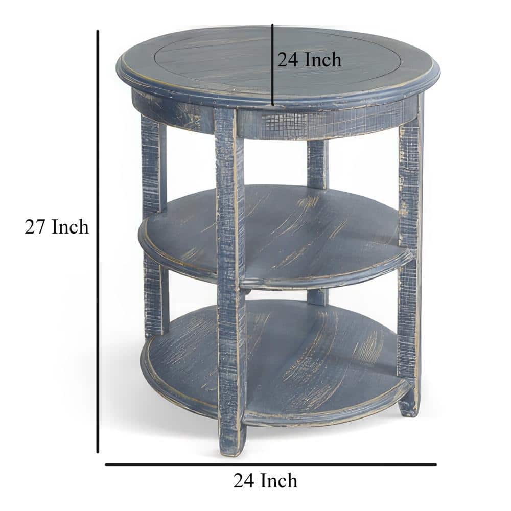 Distressed Blue Mahogany Round Side Table with Scalloped Trim