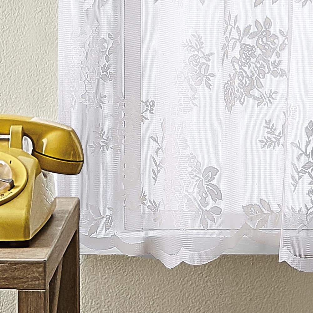 White Floral Lace Sheer Rod Pocket Tier Curtains, 56"x36"