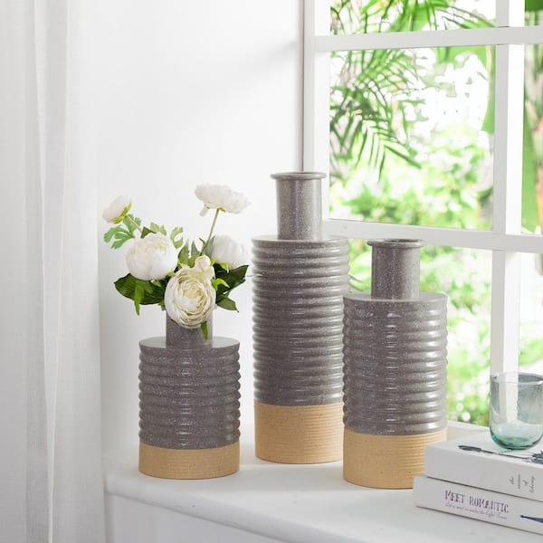 Glitzhome Farmhouse Gray/Brown 2-Tone Metal/Brown 2-Tone Metal Vase (Set of 3)