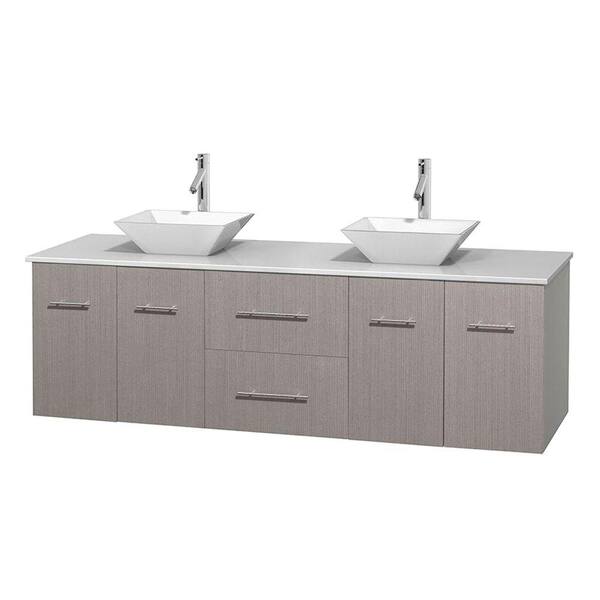 Wyndham Collection Centra 72 in. Double Vanity in Gray Oak with Solid-Surface Vanity Top in White and Porcelain Sinks