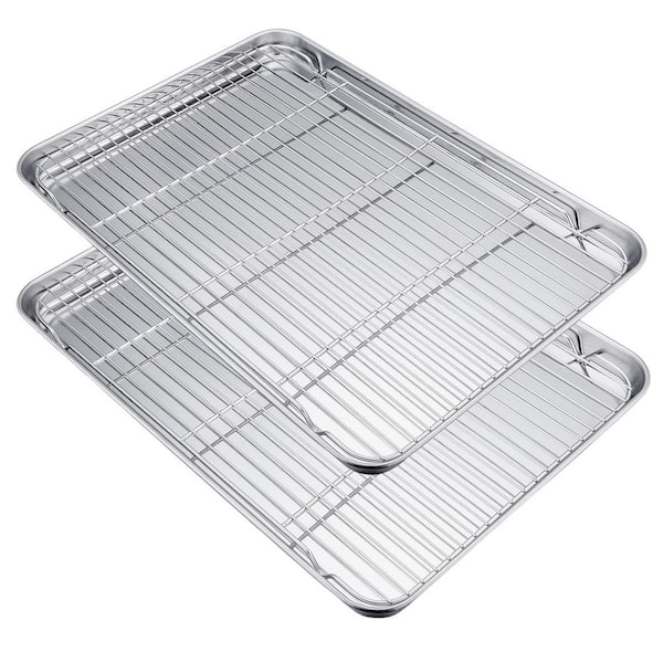 Stainless Steel Silver Baking Sheet and Rack Set (2-Pack), Large Cookie Sheets with Cooling Racks, Oven Safe