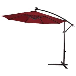 10 ft. Cantilever Hanging Solar LED Sun Shade Patio Umbrella in Burgundy with Cross Base