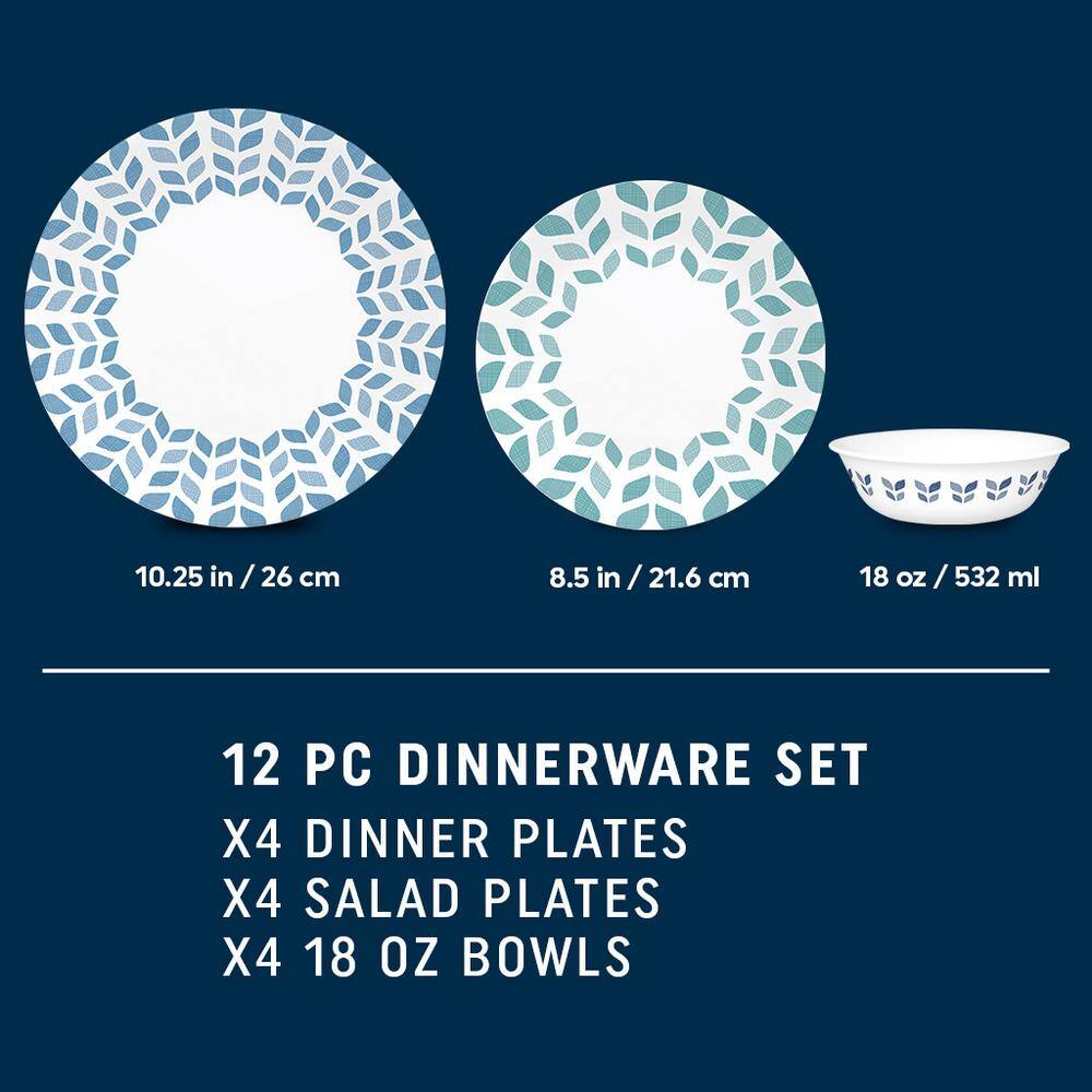 Northern Pines 12-Piece White and Blue Glass Dinnerware Set