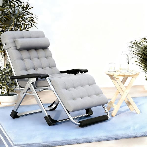 33 in. W Metal Zero Gravity Outdoor Recliner Oversized Lounge Chair with Cup Holder and Gray Cushions