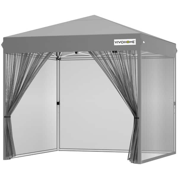 8 ft. x 8 ft. Steel Outdoor Easy Pop-Up Canopy with Mosquito Netting and Roller Bag in Grey