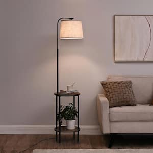 62 in. Rough Black 1-Light Tray Table Column Floor Lamp for Living Room with Fabric Beige Drum Shade