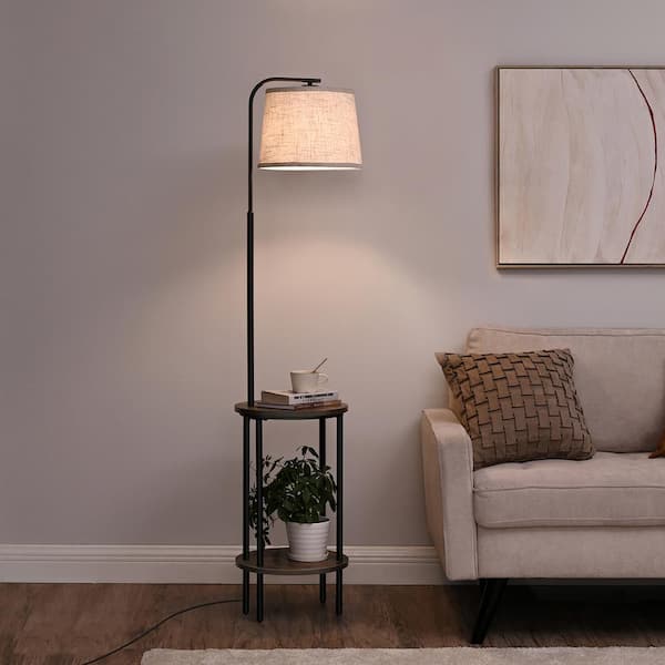 62 in. Black 1-Light Farmhouse Column Floor Lamp for Living Room with Walnut End Table and Fabric Empire Shade