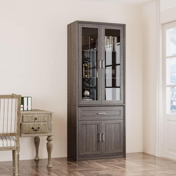 FUFU&GAGA 79.9 in. Tall Brown Wood Grain 4-Shelf Standard Bookcase, Strorage Cabinet with 2 Glass Doors and A Large Drawer