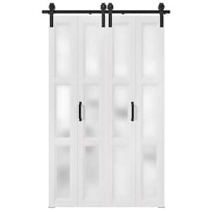 48 in. x 84 in. 3-Lite Frosted Glass Bi-Fold Door Finished with Sliding Hardware Kit, MDF White Folding Barn Door Slab