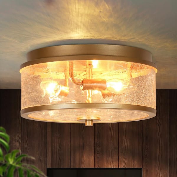 Zevni Modern 3-Light Gold Dome Flush Mount Ceiling Light for the Hallway, Bathroom Ceiling Light with Crackle Glass Shade
