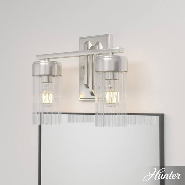 Hunter Gatz 13 in. 2-Light Brushed Nickel Vanity Light with Ribbed Glass Shades