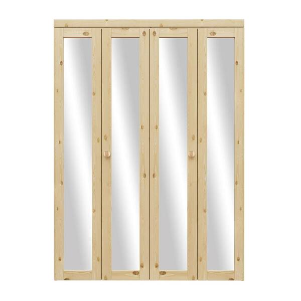 Pinecroft Mirror 36-in x 80-in Unfinished Pine Wood 2-Panel Square Mirrored Glass Unfinished Pine Wood Bifold Door (Hardware Included)