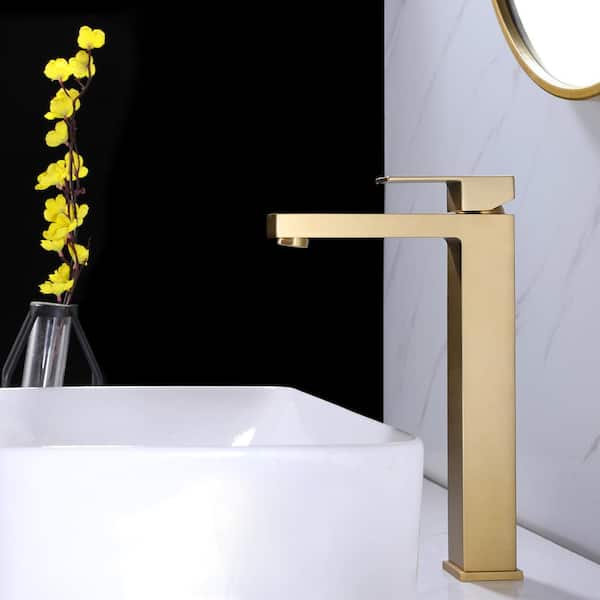 Single Handle Waterfall Vessel Sink Faucet in Brushed Gold