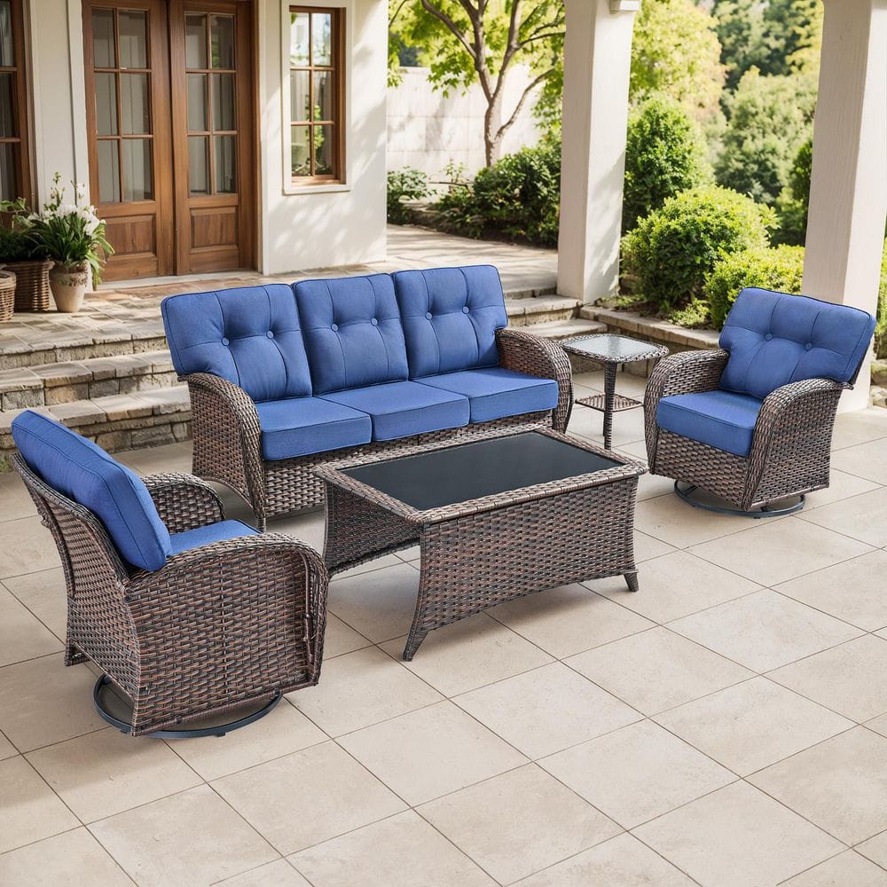 Modern Seaside 5-Piece Patio Wicker Outdoor Conversation Set Rocking Chair Swivel Glide with Table and Blue Cushions price history on PriceWatchPro