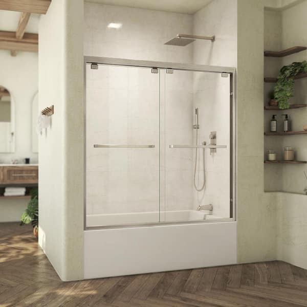 DreamLine Abbey 27.5 in. W x 58 in. H Semi-Frameless Sliding Tub Door in Brushed Nickel with Clear Glass