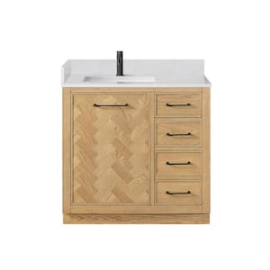 Jakarta 36 in. W. x 22 in. D x 33.9 in. H Single Bath Vanity in Oak Weathering Light Brown Silk White Quartz Stone Top