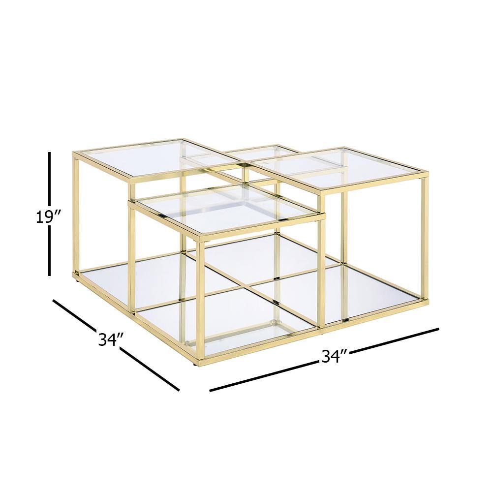 34" Clear Glass and Gold Square Coffee Table