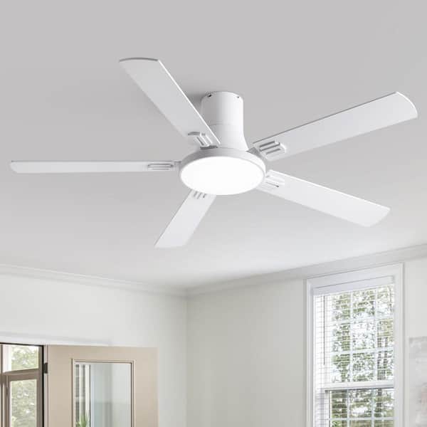 Thalion 52-in. Indoor/Outdoor Integrated LED Matte White Ceiling Fan with Remote Control and Flush Mount for Bedroom