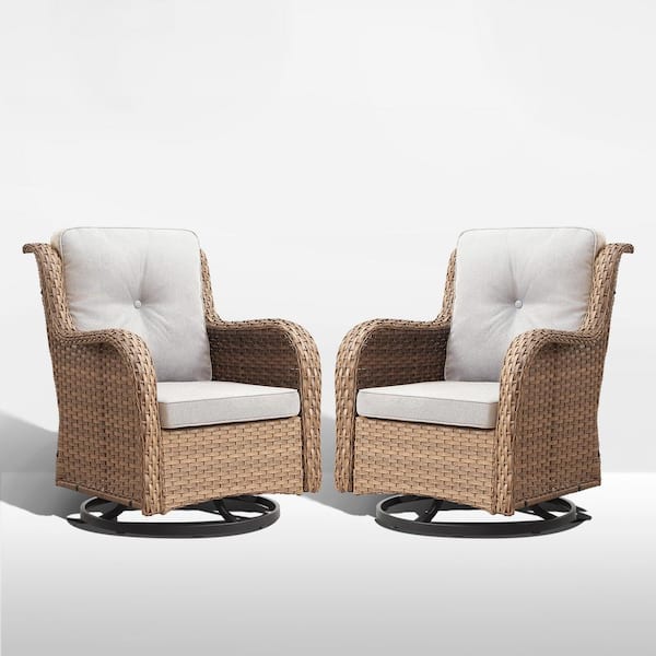 ArcoBay Metal and Yellow Wicker Outdoor Rocking Chair Patio Swivel Chairs with Olefin Beige Cushions (2-Pack)
