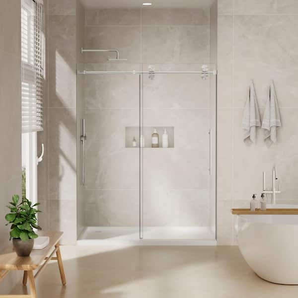 56 in.-60 in. W x 72 in. H Frameless Single Sliding Shower Door-5/16 in. Tempered Glass, Bypass Design w/ Brushed Nickel