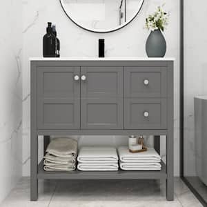 GEL 36 in. W x 18 in. D x 35 in. H Freestanding Open Style Shelf Bath Vanity in Rock Grey with White Resin Basin Top