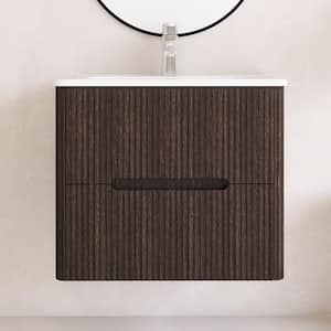 24 in. Single Sink Wall-Mounted Dark Brown Bathroom Vanity with White Ceramic Top