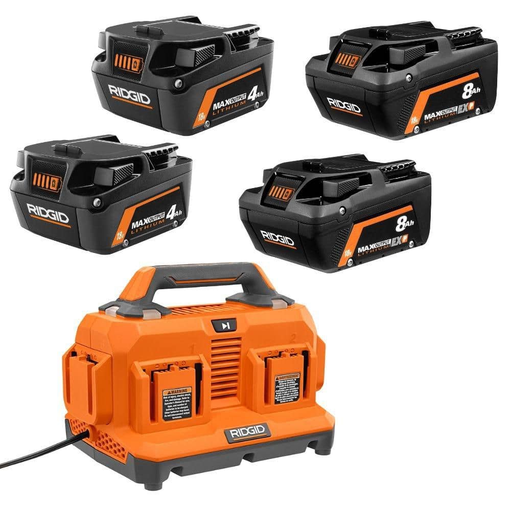 RIDGID 18V 6-Port Sequential Charger, (2) 18V 4.0 Ah MAX Lithium-Ion Batteries & (2) 18V 8.0 Ah MAX Lithium-Ion Batteries (R86096R840040P4)