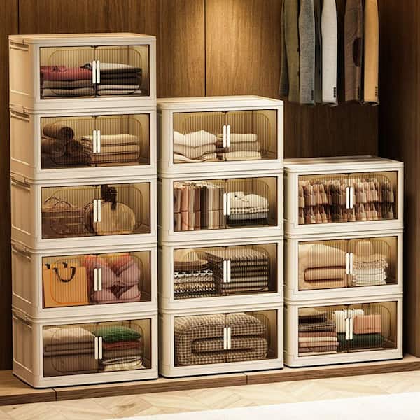 Otryad 4-Tier Plastic Collapsible Storage Cabinet on Wheels, Storage Bins Closet Organizer with Magnetic Door, Clean