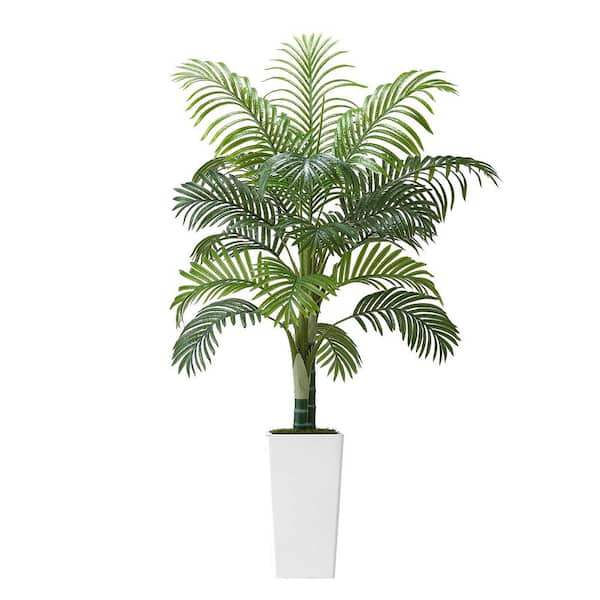 Artificial Areca Palm Tree 5 ft., Artificial Palm Tree in Pot, Fake Palm Tropical Plants with White Tall Planter