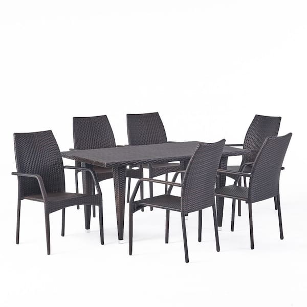 Noble House Canoga Multi-Brown 7-Piece Wicker Outdoor Patio Dining Set