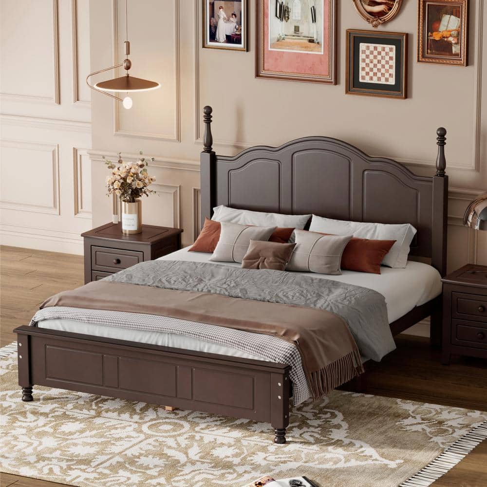 Harper & Bright Designs Dark Walnut (Dark Brown) Wood Frame Full Size Platform Bed with Retro ...