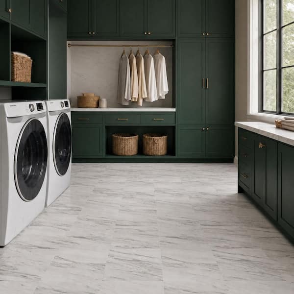 Carrara Marble Tile 4 MIL 12 in. W x 24 in. L Water Protection Peel and Stick Vinyl Tile Flooring (30 sq. ft./case)