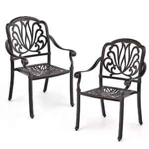 2 Pieces Patio Cast Aluminum Dining Chairs with Armrests, Stackable Design-Bronze