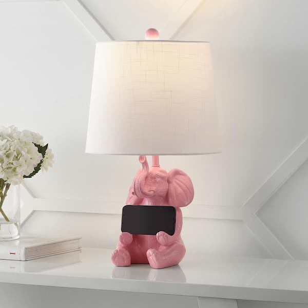 Kairi 21 in. Pink Modern Shabby Chic Resin/Iron Happy Elephant LED Kids' Table Lamp with Phone Stand