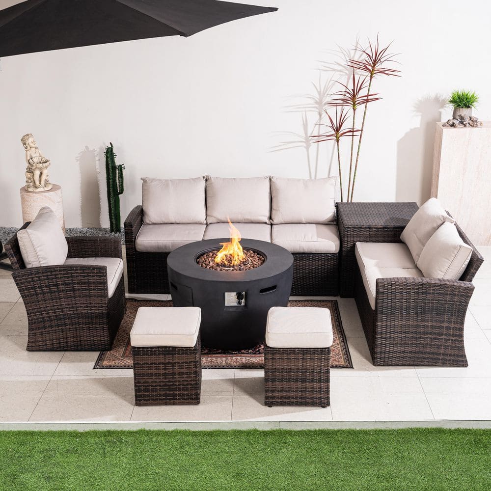 7-Piece Outdoor Patio Fire Pit Conversation Set with Cushions, Deep Seating Sofa, Fire Pit Table and Storage