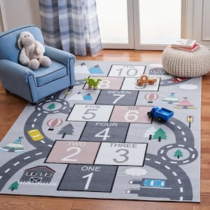 Kids Playhouse Gray/Pink Doormat 3 ft. x 5 ft. Machine Washable Novelty Area Rug