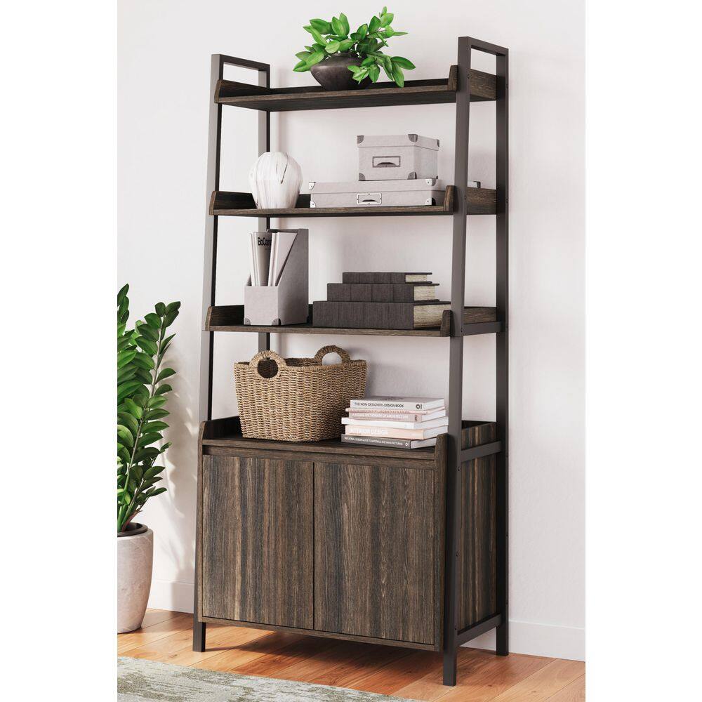 Zendex 72" Dark Brown Wood and Metal Bookcase with Cabinet
